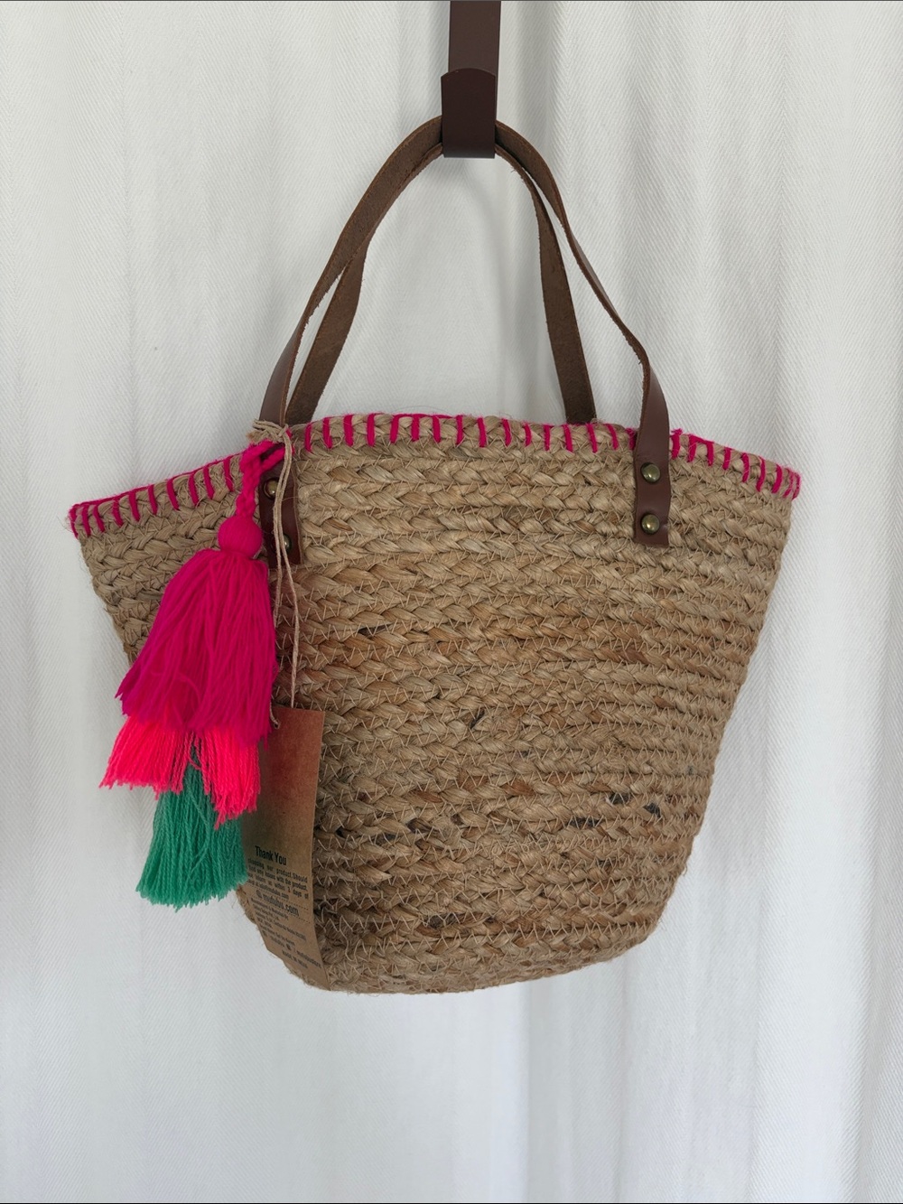 Handwoven Straw Tote with Hot Pink Trim and Tassels